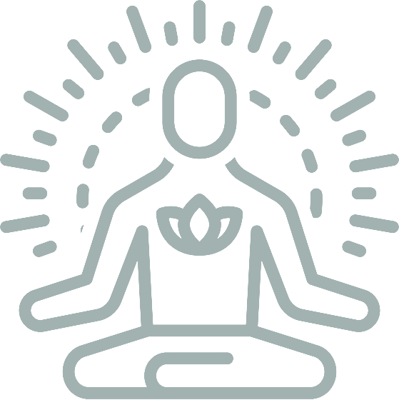 Meditating figure with a lotus symbol on the chest, surrounded by radiating lines, symbolizing mindfulness and inner peace.