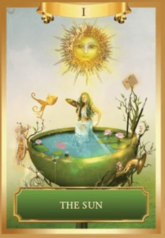 The Sun Tarot Card Features A Joyful Figure In A Green Bowl, Illuminated By A Radiant Sun Above, Symbolizing Positivity, Vitality, And Enlightenment.